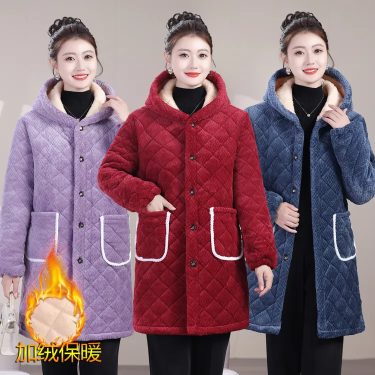 中长款女加绒加厚保暖棉袄连帽纯色菠萝格棉衣家居服罩衣工作服