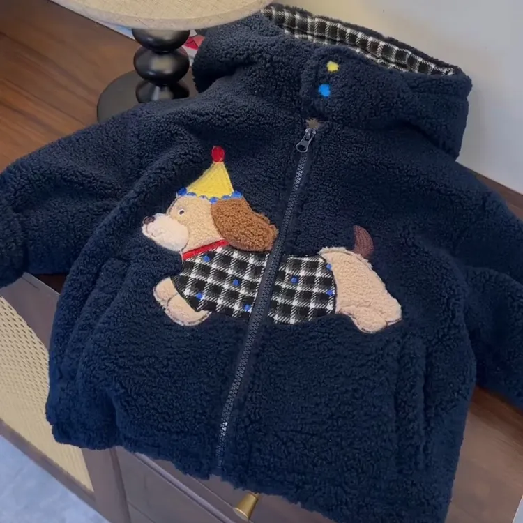 儿童羊羔毛连帽棉服外套新款男女童冬季加绒加棉加厚宝宝年服外套