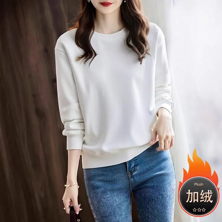 欧货薄款纯色圆领卫衣女春秋新款韩版宽松百搭套头上衣加绒保暖冬
