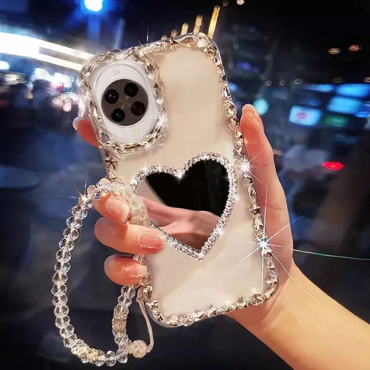 高档闪钻爱心镜子适用华为nova14手机壳nova12Ultra带挂绳nova13p