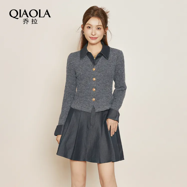 QIAOLA/乔拉【柏林物语】秋冬季螺纹北极绒拼仿牛仔时尚套装预售