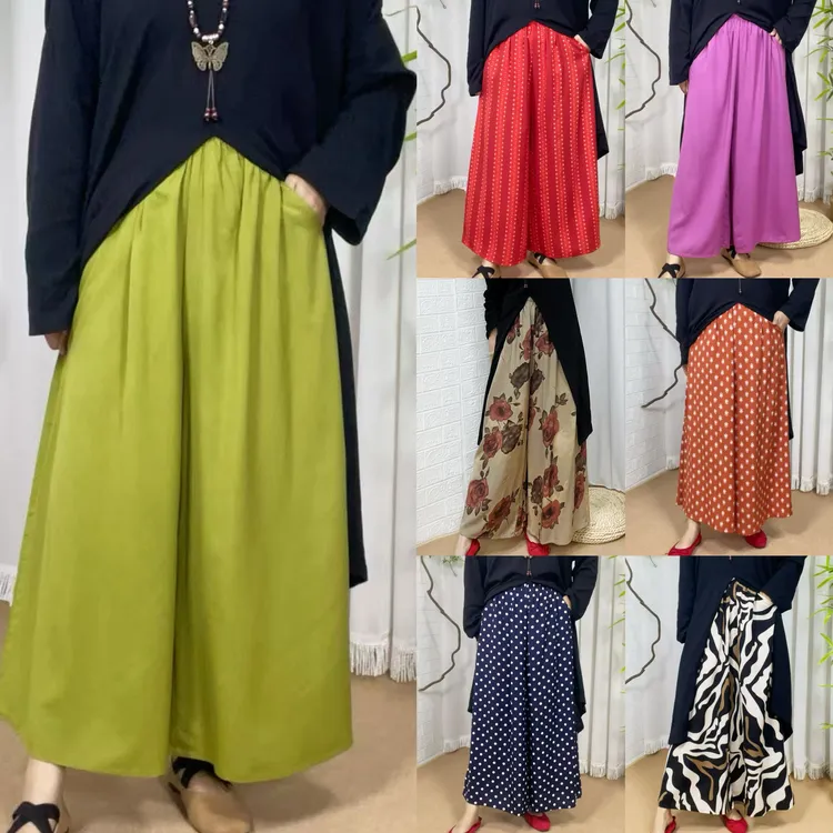 【棉绸裙裤双口袋】新款百搭松紧长裤宽松大码高腰显瘦人造棉裙裤