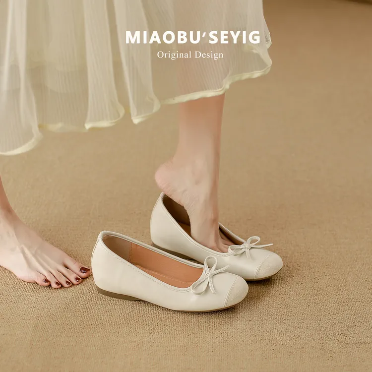 软皮内增高复古玛丽珍鞋女2025新款芭蕾鞋软底蝴蝶结法式浅口单鞋