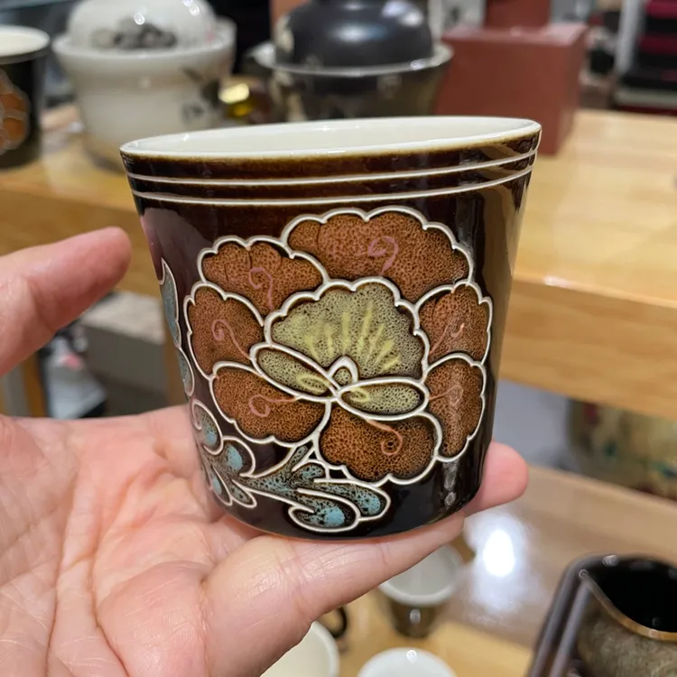 磁州窑粗瓷花釉咖啡杯手工雕刻茶杯复古中国风牡丹图案陶瓷水杯