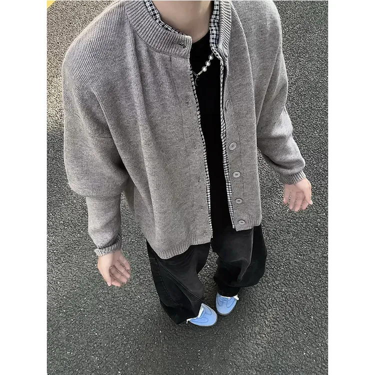 灰色假两件开衫毛衣男生慵懒松弛感穿搭针织衫cleanfit秋季外套潮