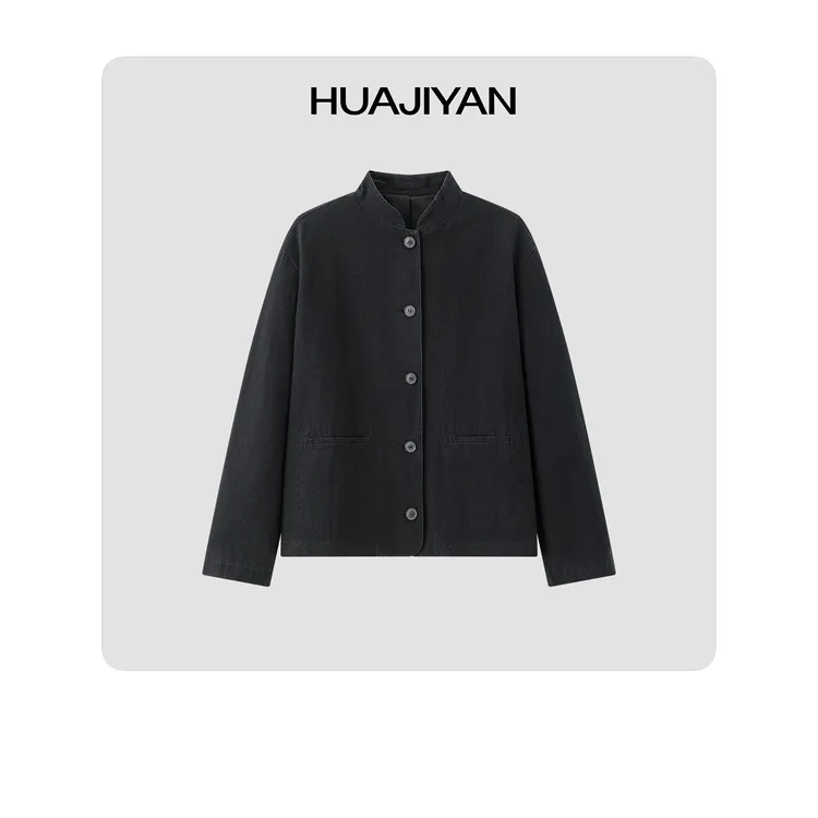 华吉言/HUAJIYAN【旧梦】亚麻棉混纺水洗做旧小立领上衣外套