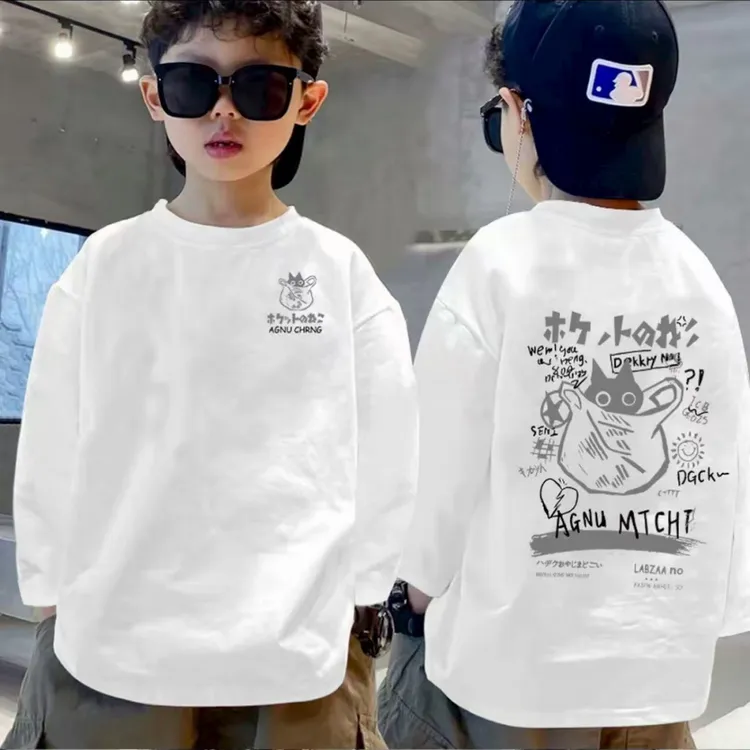 印花中大童时尚打底衫T恤圆领纯棉男童儿童白色春秋韩版套长袖