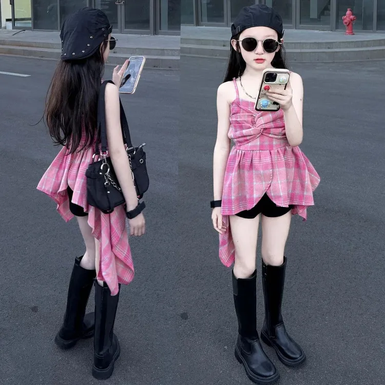 女童夏季2025新款韩版洋气休闲时尚中大童公主小裙子短裤两件套