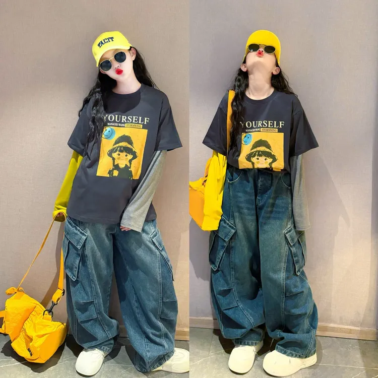 女童秋装套装潮酷休闲宽松时尚撞色袖假两件长袖上衣牛仔裤两件套