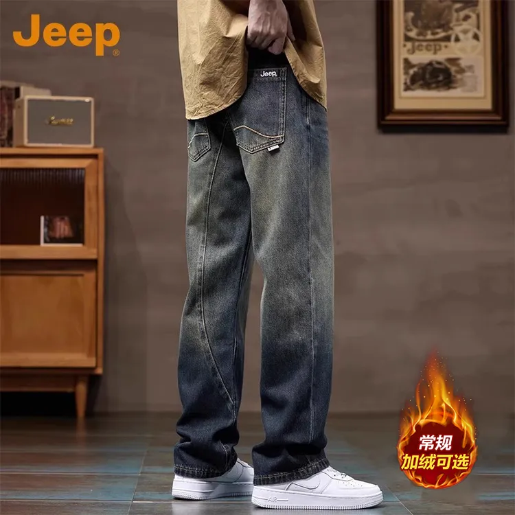 JEEP吉普美式高街牛仔裤男士秋冬款加绒加厚潮牌宽松直筒水洗裤子