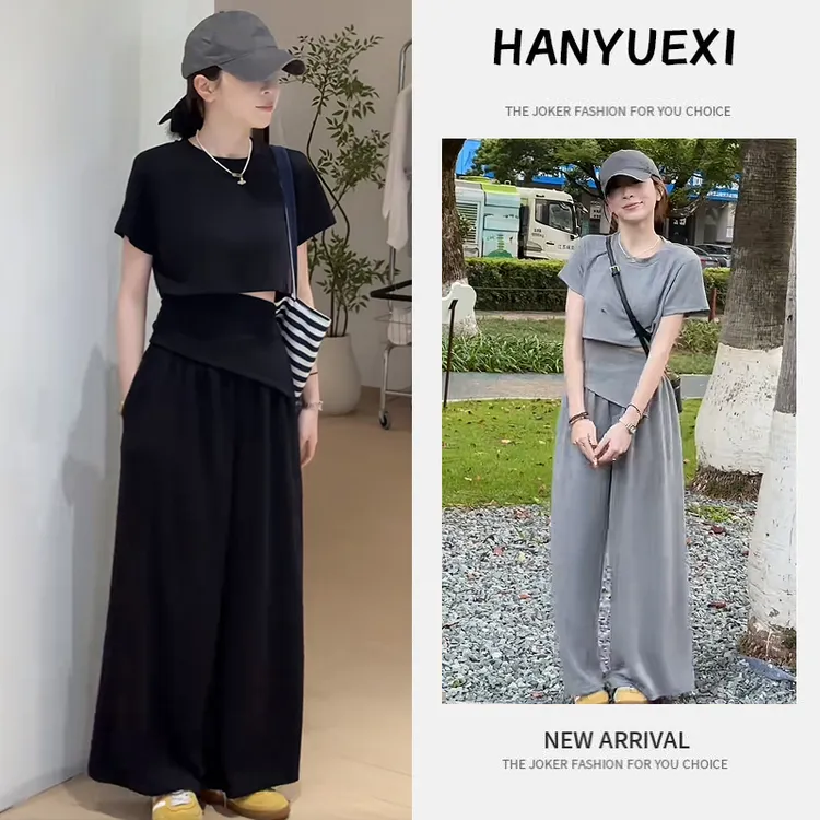 今年流行穿搭一整套2025新款夏季黑色短袖T恤百搭阔腿裤两件套女