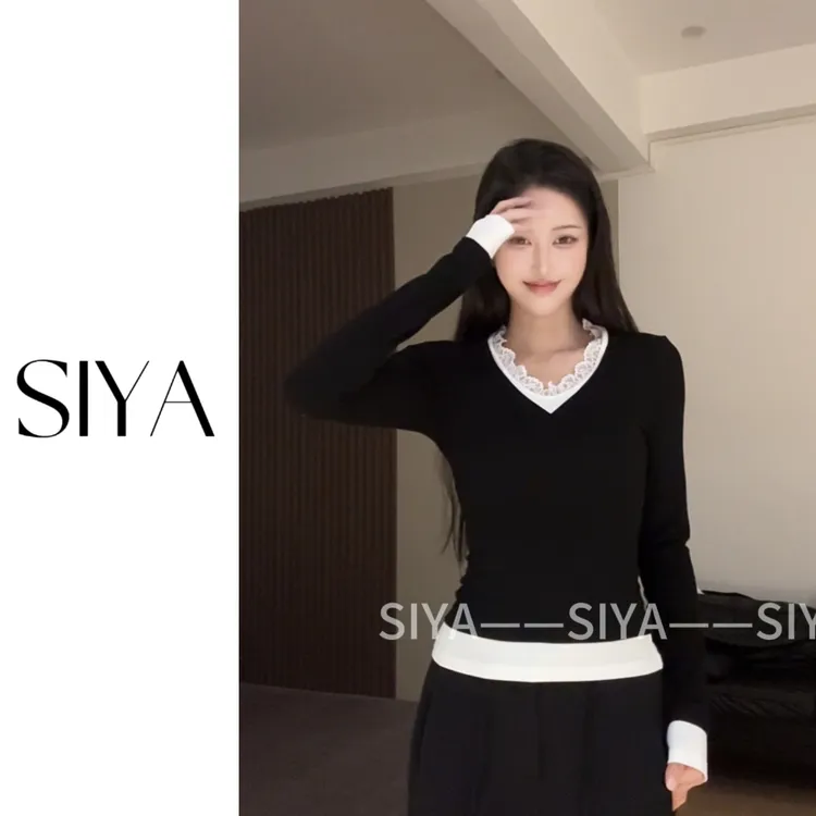 【SIYA】洋气减龄内搭打底衫高级感黑色V领蕾丝拼接长袖T恤女秋季