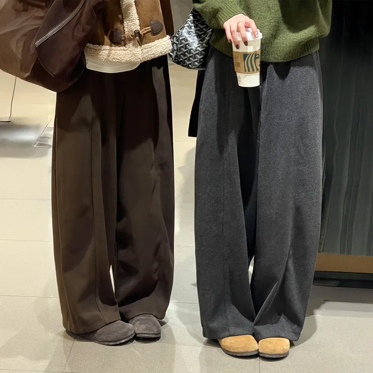 小个子加绒毛呢休闲阔腿裤女秋冬新款大码胖mm梨型身材高腰直筒裤