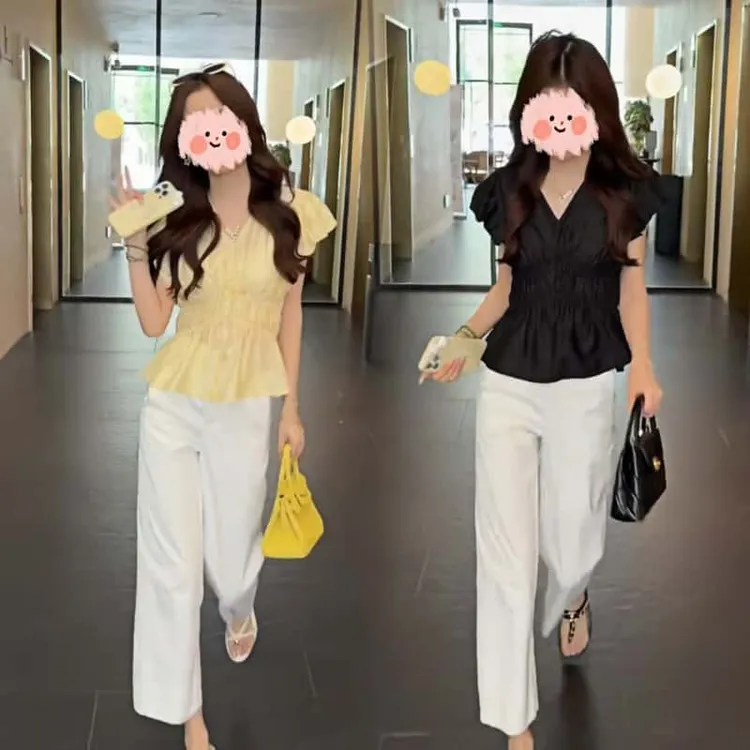 2025法式洋气褶皱收腰小飞袖V领衬衫小个子显瘦上衣+百搭休闲裤子