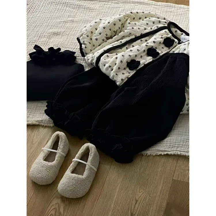 女童碎花棉服冬装女宝宝夹棉外套时尚保暖韩版衣服加绒黑丝绒套装