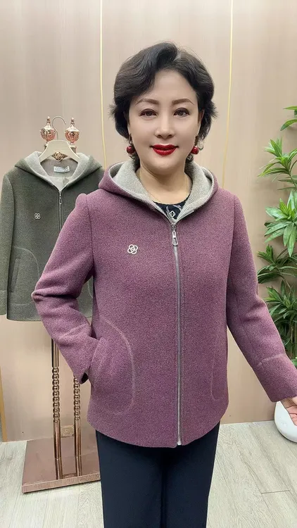 CF#52  衣长67 中老年女装  秋冬新款毛呢连帽外套