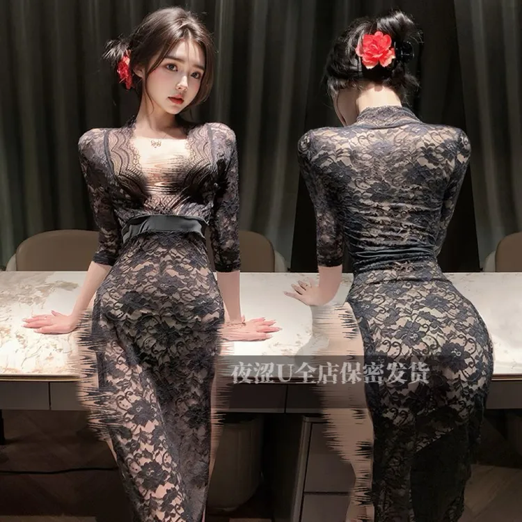 80-200斤【娇媚迷人】大码性感新中式旗袍蕾丝高开叉睡裙