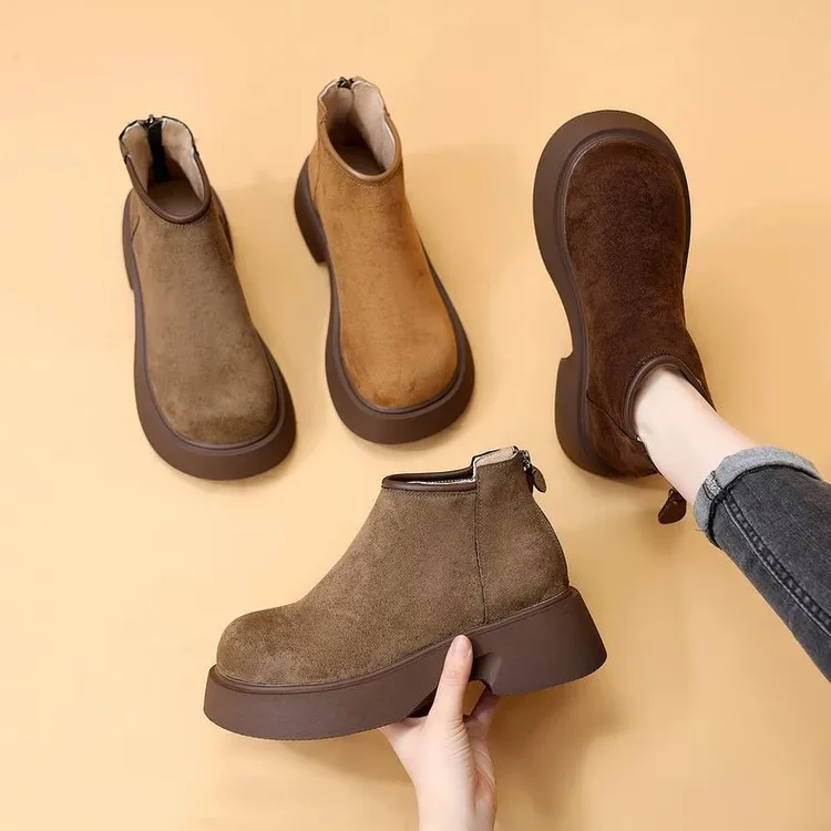 美拉德厚底绒面马丁靴女士2025秋冬新款不累脚加绒切尔西勃肯短靴