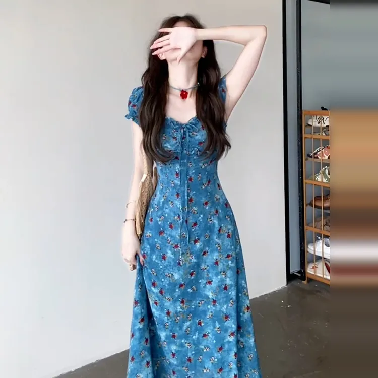 【甜心专属】法式气质蓝色碎花连衣裙女夏季小个子夏日好看长裙4432