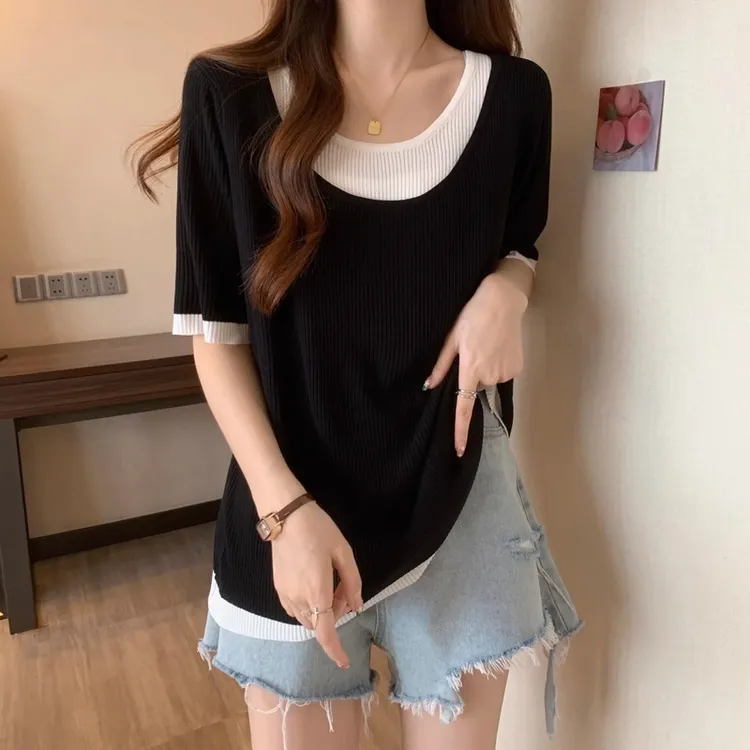 【原版做工】短袖t恤女2025新款小众别致拼接ins假两件减龄显瘦上