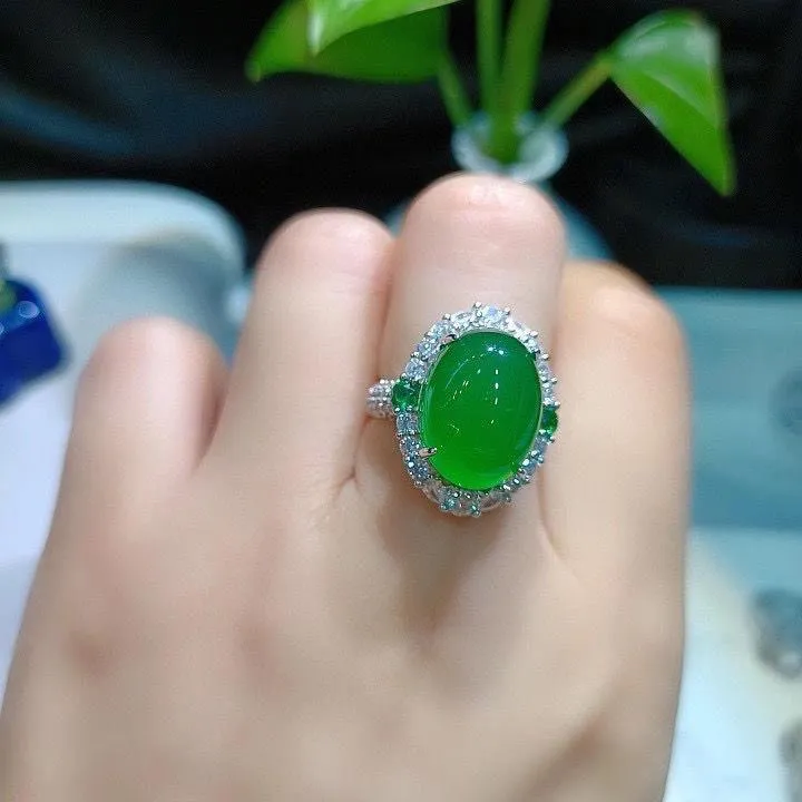 天然玉髓高冰满绿湖水绿玉髓蛋面活口戒指