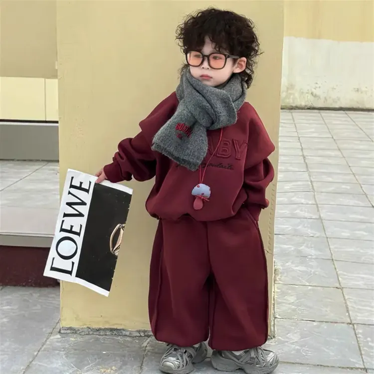 男童帅气卫衣两件套秋冬装儿童字母贴布宽松套头加绒上衣裤子套装