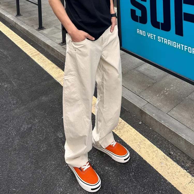 春夏新款卡其色宽松直筒休闲裤男潮流美式户外速干弯刀裤