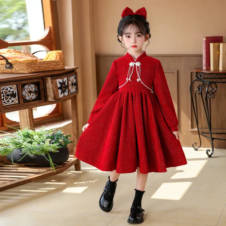 女童2025新款秋冬旗袍公主裙国风长袖儿童洋气拜年服小女孩连衣裙