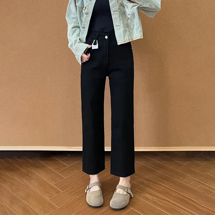 巨显腿直~加绒加厚秋冬新款直筒牛仔裤女大码显瘦弹力烟管裤子