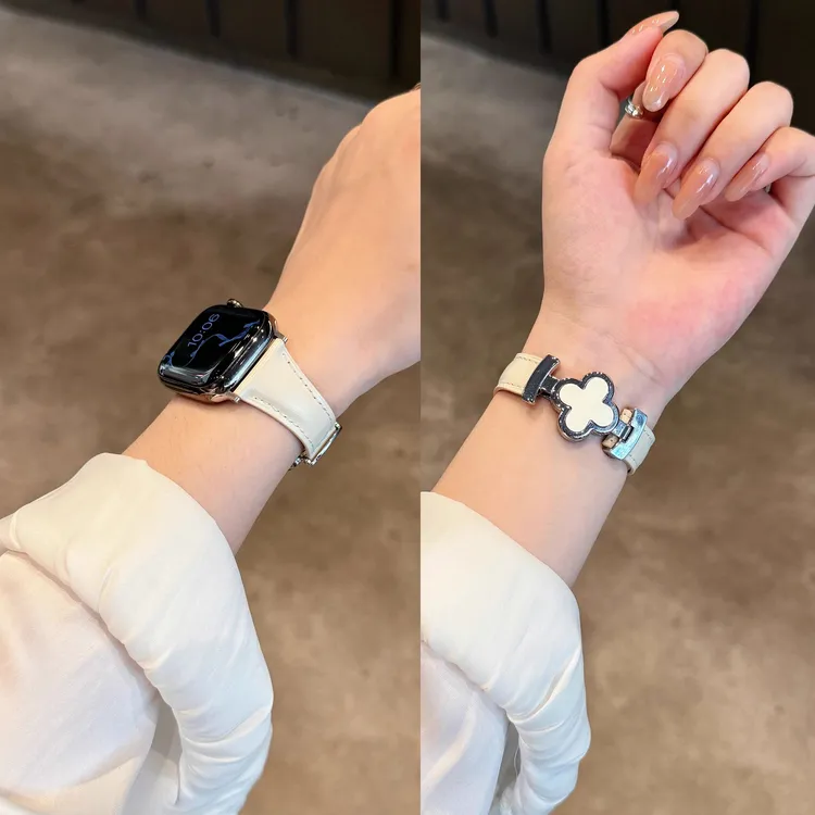 适用苹果手表带s10四叶草磁吸扣皮质AppleWatch10SE2iwatch89女士