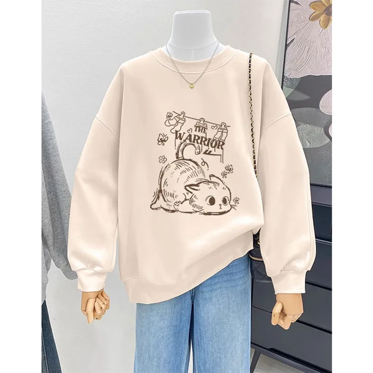 宽松oversize胖mm圆领无帽加绒卫衣女秋冬季新款显瘦遮肚外套上衣