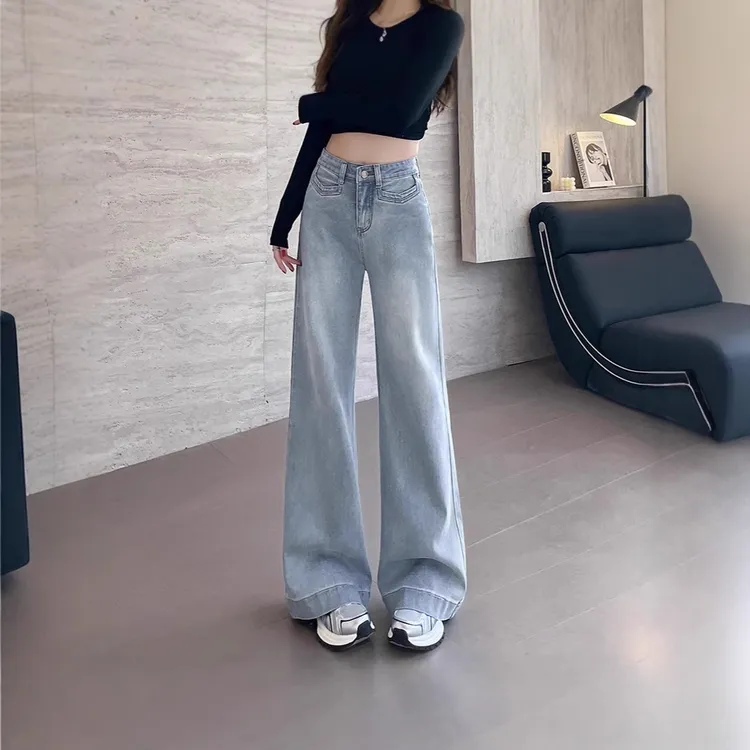 3312款浅蓝色直筒阔腿牛仔裤女宽松显瘦百搭高腰遮肉显腿长牛仔裤