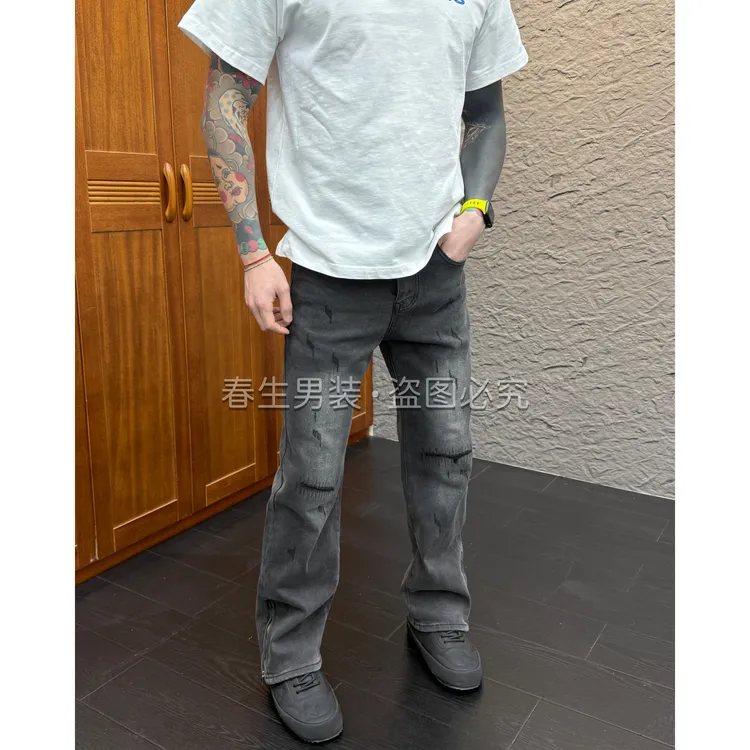 2025秋冬新款时尚休闲百搭净版刀割裤脚拉链直筒牛仔裤1961