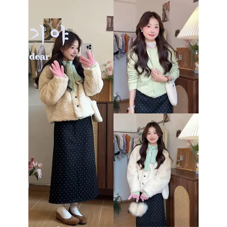 MARIE.COCO秋冬新款韩系穿搭软糯羊羔绒外套针织毛衣波点半身裙子
