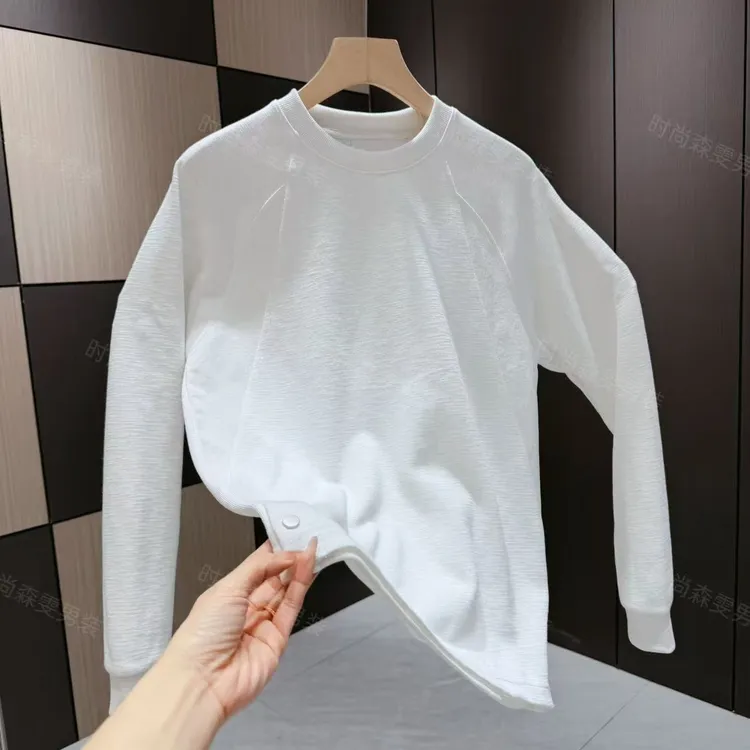 秋冬简约圆领长袖气质拼接时尚内搭高端纯色百搭T恤661