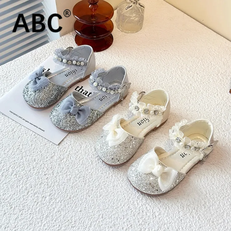 ABC2025年蝴蝶结儿童公主鞋包头凉鞋新款中大童花朵花童水钻鞋