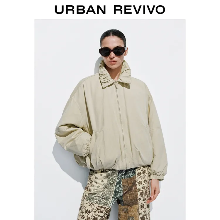 【HOT】UR2025冬季新款女装褶皱翻领拉链棉服外套UYL150056