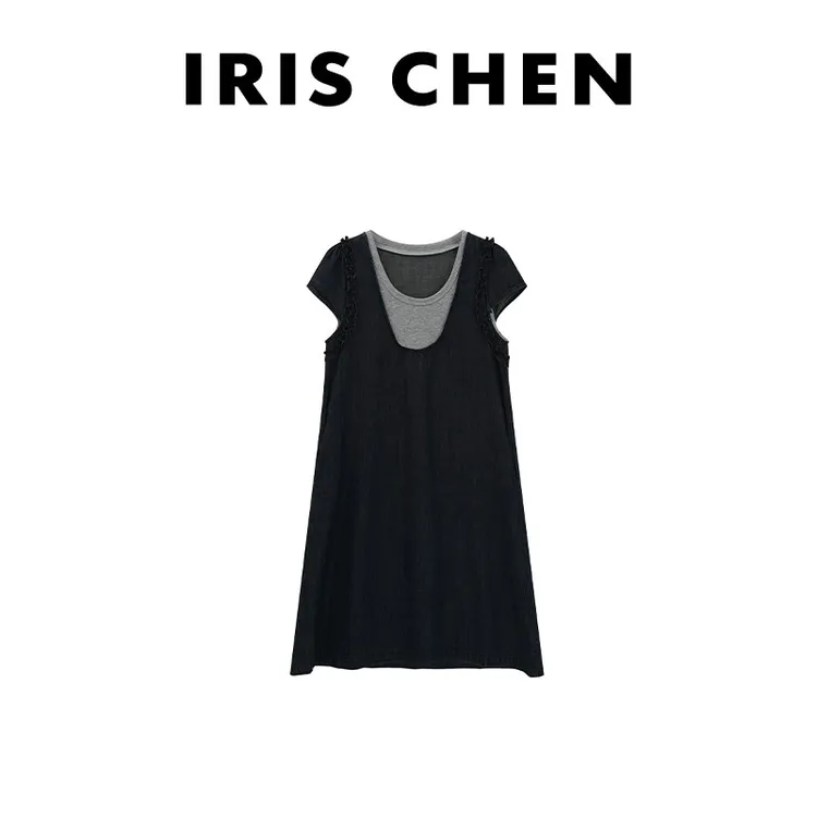 IRIS CHEN 蓝调 2025夏款上新100棉假两件木耳袖连衣裙25LYQ563