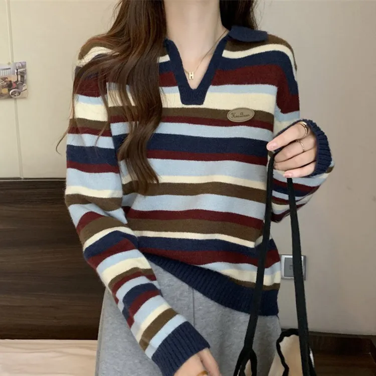 时尚宽松显瘦80-200斤秋冬韩版POLO领上衣条纹女针织衫慵懒风毛衣
