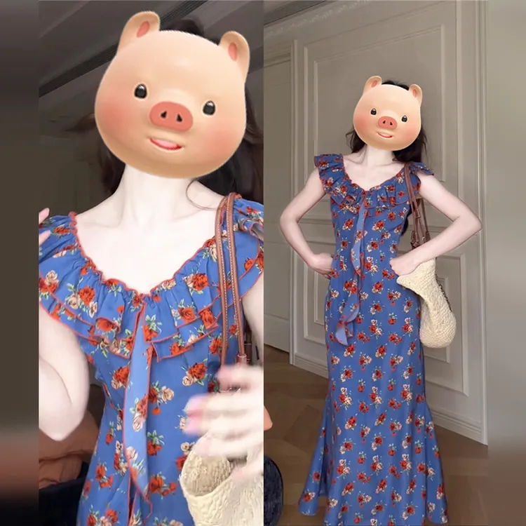 1162绝美小裙子2025新款海边度假气质一字肩露肩蓝色碎花连衣裙女