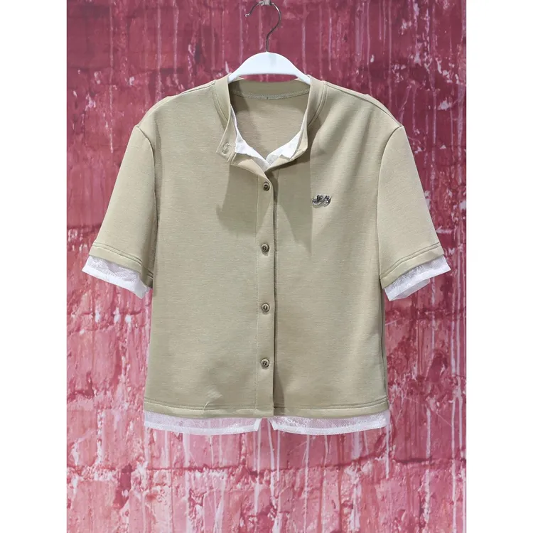 【韩哥女装】“冰凉一夏”撞色拼接蕾丝修身T恤衫7835