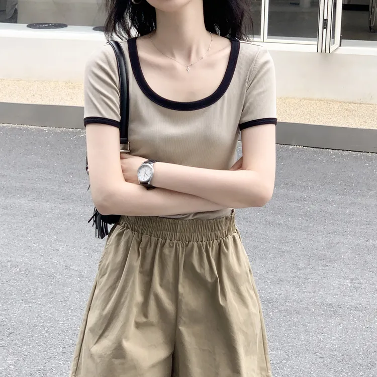 高级感撞色修身T恤女夏新款短款高腰百显瘦时尚洋气设计感上衣