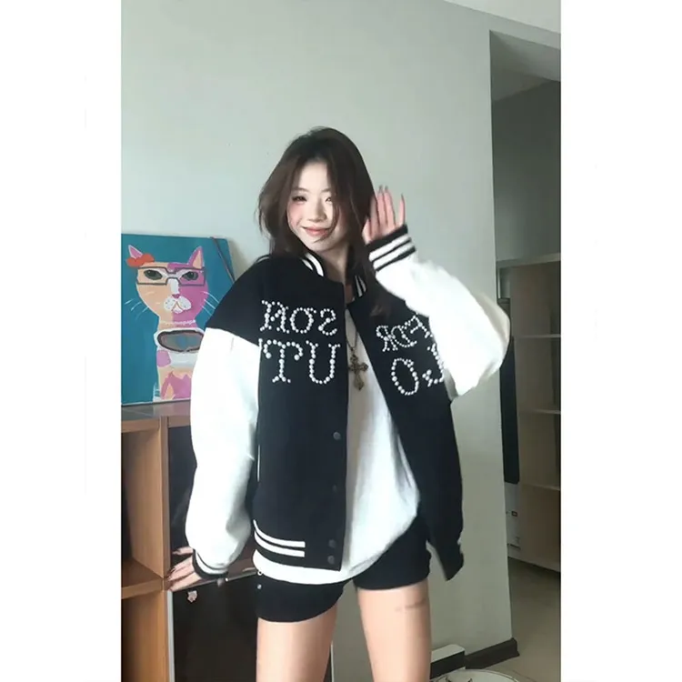 美式珍珠钉珠棒球服男款春季高级感痞帅飞行夹克ootd短款情侣外套
