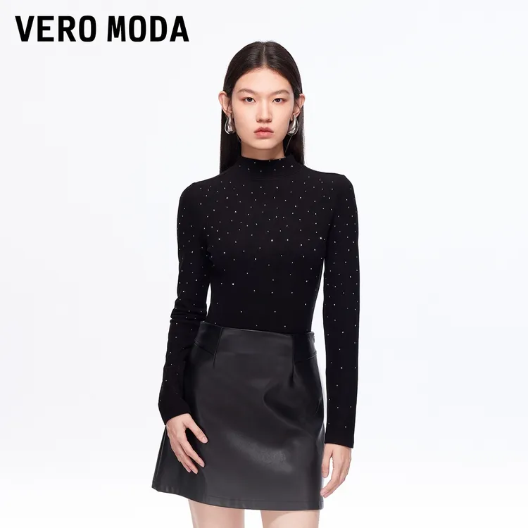Vero ModaT恤2026春季新款亮钻半高领收腰长袖纯色上衣显瘦百搭