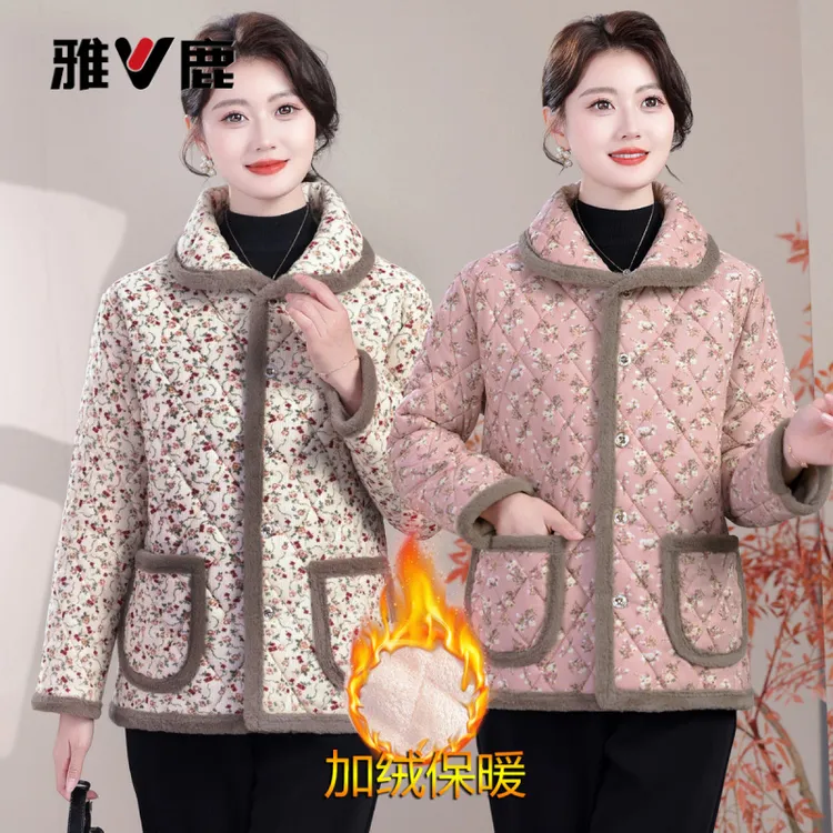 雅鹿优选妈妈秋冬加绒加厚外套时尚新款中老年冬装小棉袄保暖棉衣
