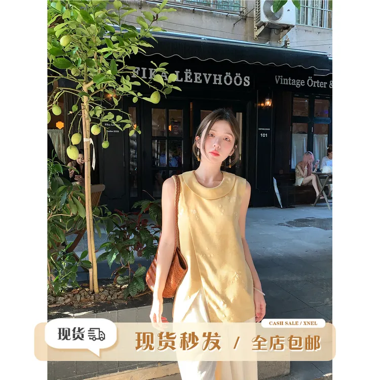 陳文文xenl【金棠砚】新款国风气质翻领无袖上衣阔腿裤两件套女0153