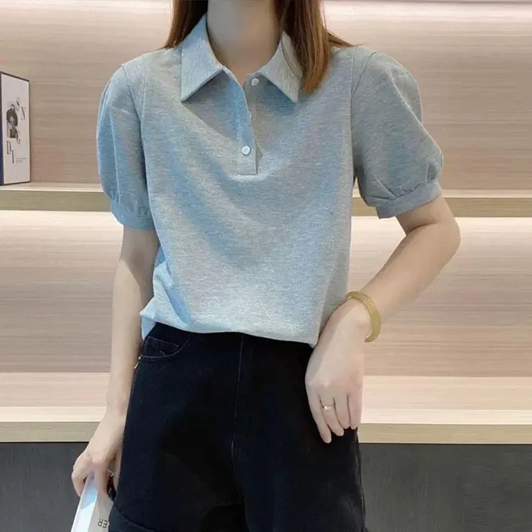 胖mm遮肉显瘦外穿通勤灰色POLO衫短袖T恤女翻领夏季新款纯棉上衣