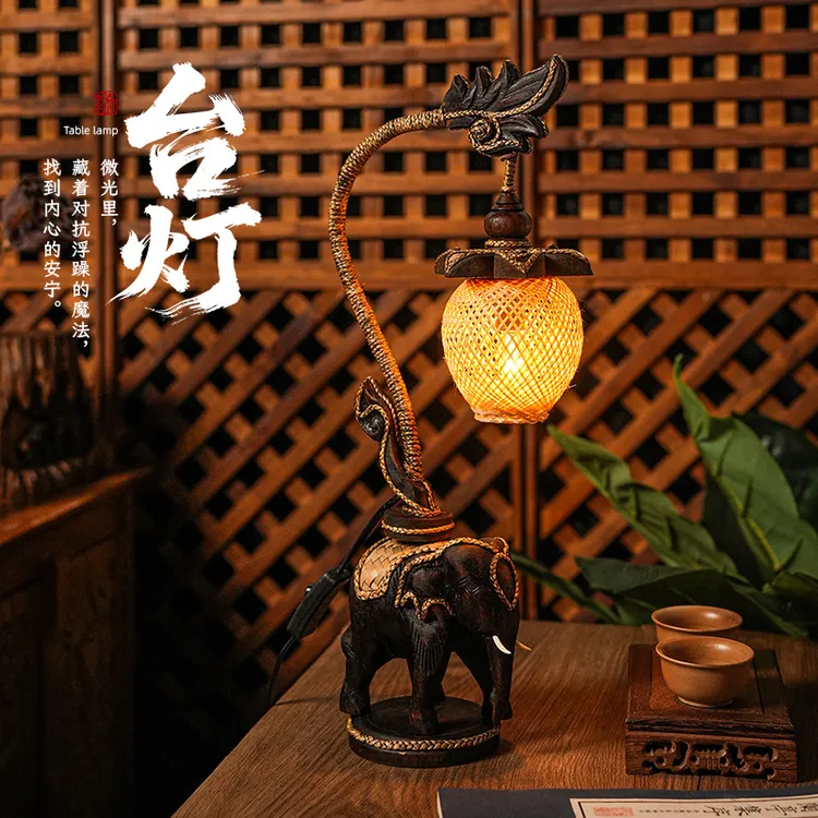 泰古牛牛华仔亲荐实木手工竹编台灯工艺品温暖卧室发光装饰品摆件
