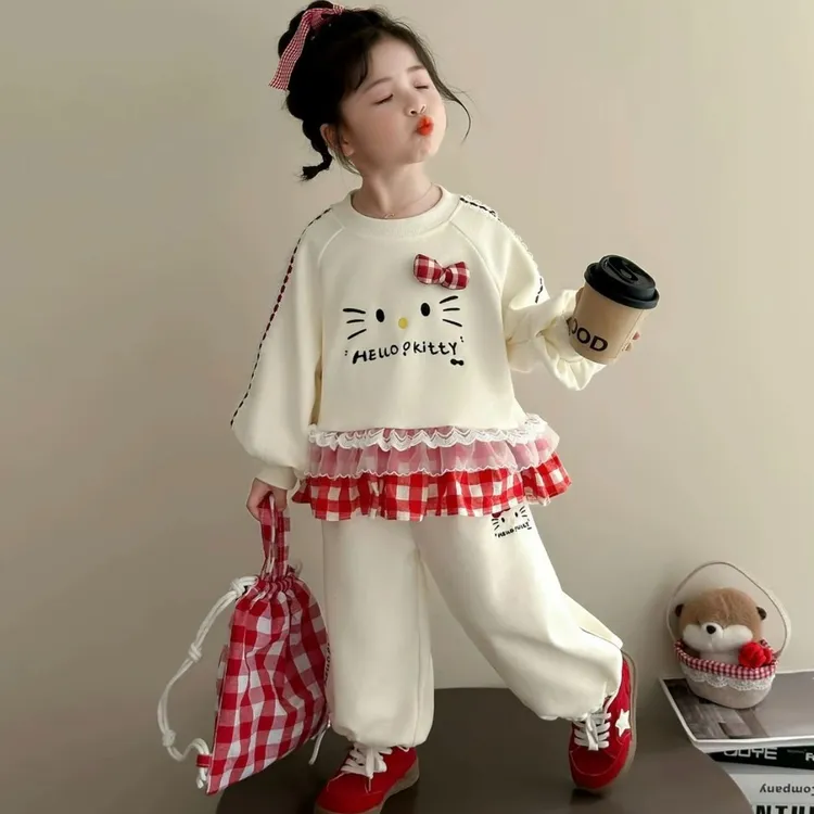 女童春秋卡通卫衣套装2025新款儿童洋气格子拼接猫咪卫裤两件套潮