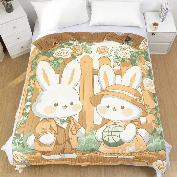 [情侣兔]1.5*2棉纱布泡芙被蓬松柔软舒适透气单人多功能纱布盖毯